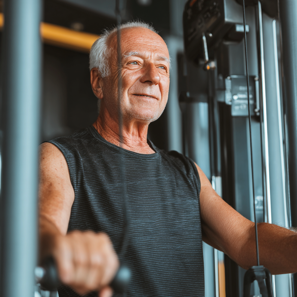 Усміхнена літня європейська жінка у спортивному одязі тримає гантелі в руках, демонструючи активний спосіб життя