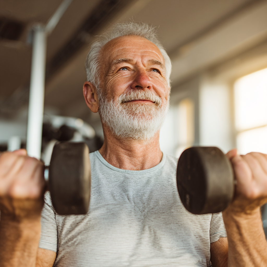 Літній європейський чоловік виконує вправи з власною вагою на відкритому повітрі, демонструючи правильну техніку та концентрацію