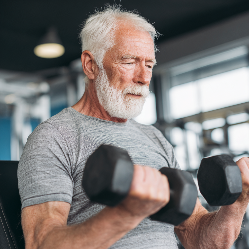 Група літніх європейських людей виконує групові вправи на природі, демонструючи радість та командний дух у фітнесі